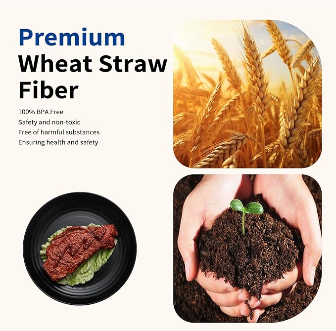 32 pcs Wheat Straw Dinnerware Sets Kitchen Plates and Bowls Sets for 8 Plastic Plates Reusable Dishes Set Outdoor Camping and Dinning Essentials Dishwasher Safe, Black