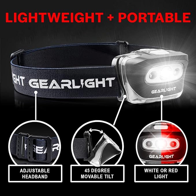 GearLight 2Pack LED Headlamp - Outdoor Camping Head Lamps with Adjustable Headband - Lightweight Battery Powered Bright Flashlight Headlight with 7 Modes and Pivotable Head and Red Light
