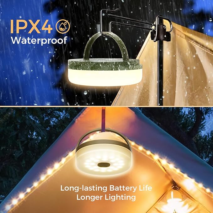Camping String Lights, 2 in 1 Quick Storage 32.8FT Rechargeable Tent Lights String with 8 Modes, Hanging Waterproof Portable LED Lamp for Outdoor Patio Awning Garden Party Essentials