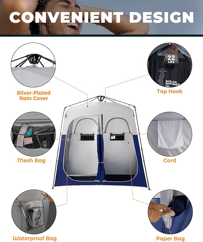KingCamp Instant Shower Tent, Portable Superior Stable Privacy Shelter, 2 Large Rooms Outdoor Toilet Tent with Floor for Beach, Camping & Hiking, Setup in Under 60s