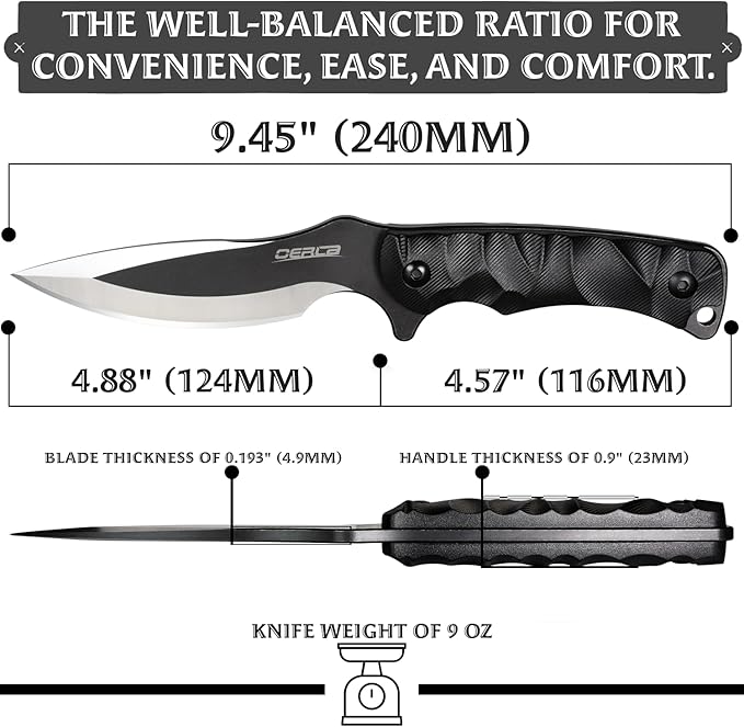 OERLA TAC OLL-005 Outdoor Knife Fixed Blade Camping Hunting Survival Field Knife 420HC Full Tang Steel Blade with Kydex Sheath and EDC Tactical Belt Clip