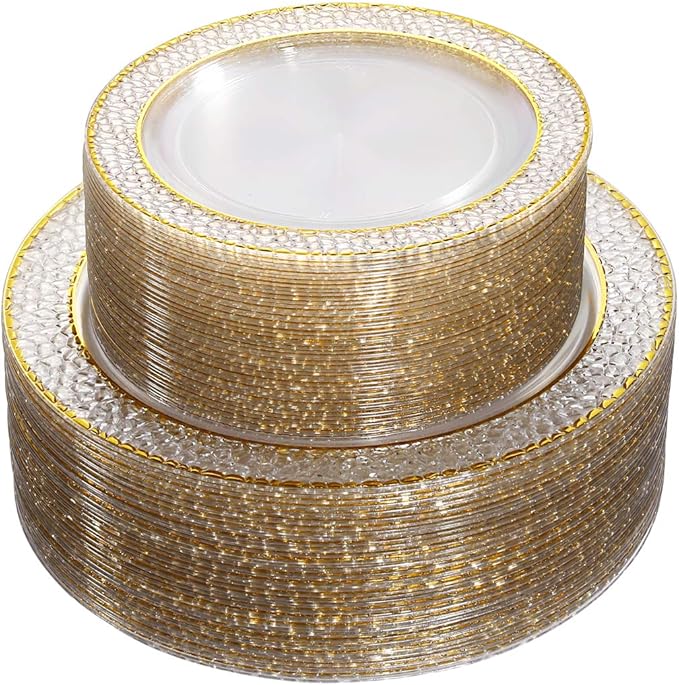 Nervure 102PCS Gold Plastic Plates - Disposable Clear Gold Party Plates Include 51PCS 10.25inch Dinner Plate & 51PCS 7.5inch Dessert Plate Perfect for Wedding & Party & Thanksgiving