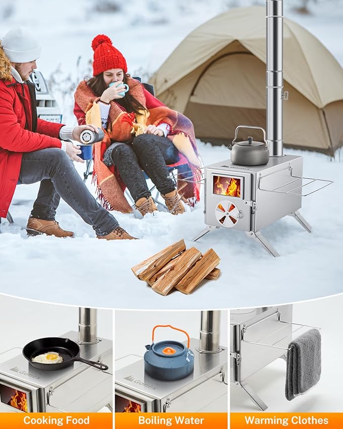 Gonex Portable Wood Stove Stainless Steel Wood Burning Hot Tent Camping Stove with Chimney Pipes & Gloves for Outdoor, Tent, Shelter, Heating, Cooking (15"X7.7")