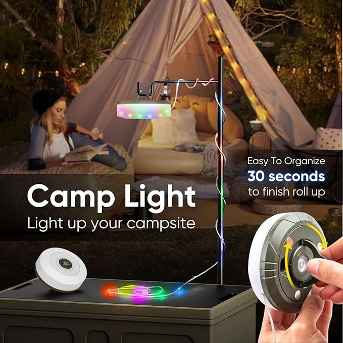 Camping String Lights - Outdoor Rechargeable Camp Lamp with 5+3 Modes, Portable Retractable, Waterproof LED, 32.8 ft, Camping Essentials Accessories
