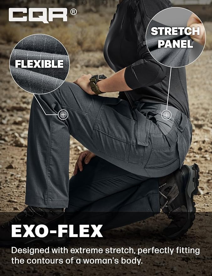 CQR Women's Flex Stretch Tactical Pants, Water Resistant Ripstop Cargo Work Pants with Pockets for Outdoor & Hiking