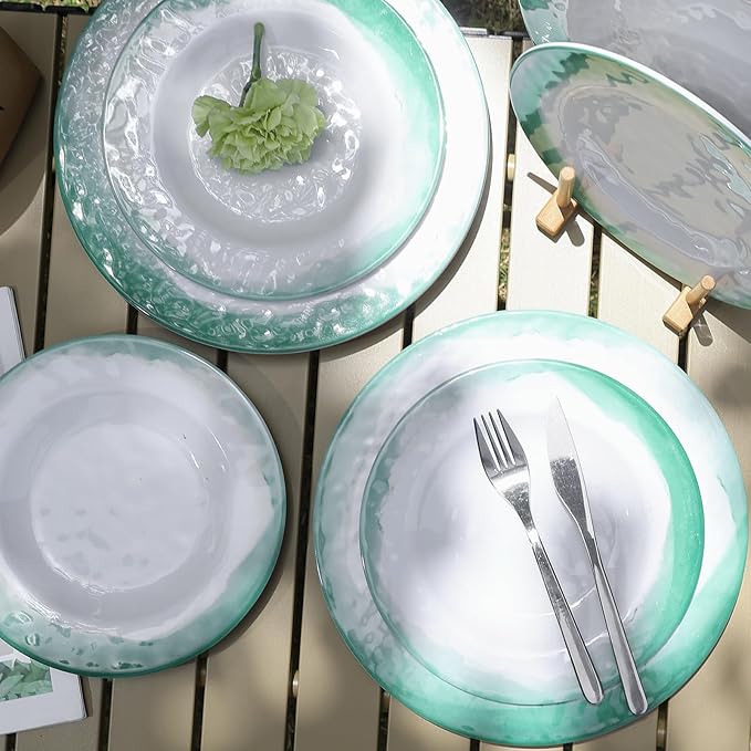 Melamine Dinnerware Sets, 12pcs Plates and Bowls Set, service for 4, Dishwasher Safe, Indoor and Outdoor Use, Green Melamine dishes