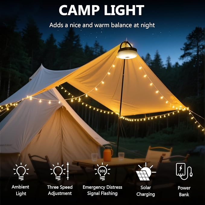Camping String Lights, 4 in 1 Quick Storage Camping Essentials Gear, 32.8FT Solar Camping String Lights with 8 Lighting Modes & Timer, Hanging Waterproof Portable LED Lamp for Camping Gear