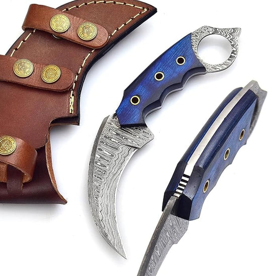 Handmade Damascus Steel Hunting Knife with Sheath | 7.5'’ EDC Fixed Blade Knives For Men and Women Demasticus Camping Survival Belt Knifes For Horizontal Carry with Blue Wood