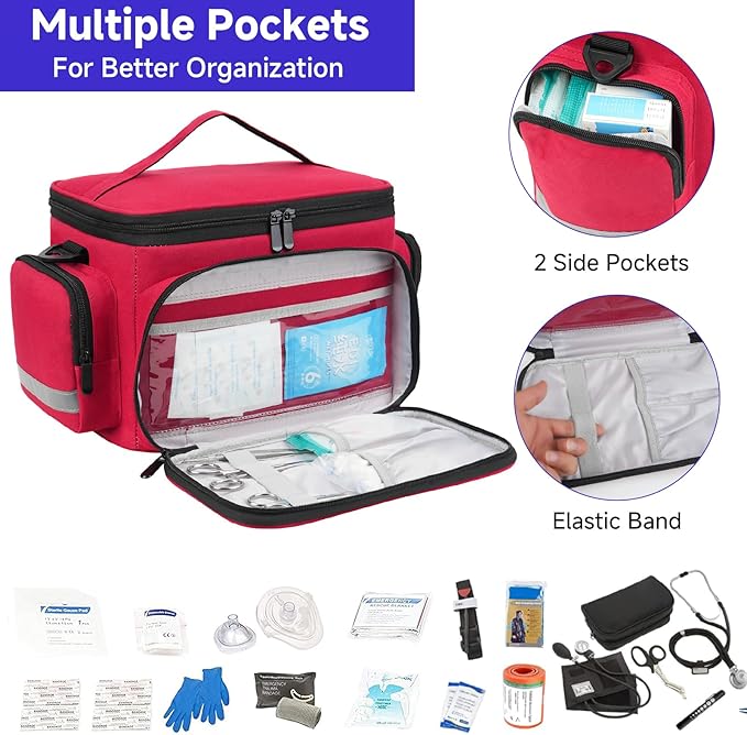 Medical Bag,First Aid Bag Empty,Home Health Nurse Bag with Detachable Divider,Medical Supplies Storage Tote for Nursing Student,Therapist,Doctors,Red