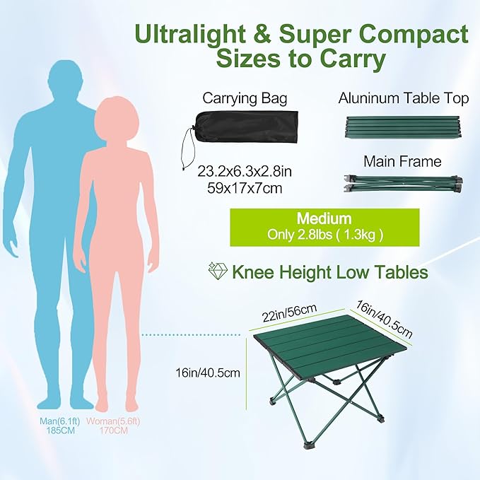 Tesouro Portable Camping Table,Folding Side Table Aluminum Top for Outdoor Cooking, Hiking, Travel, Picnic (Blackish Green-Medium)