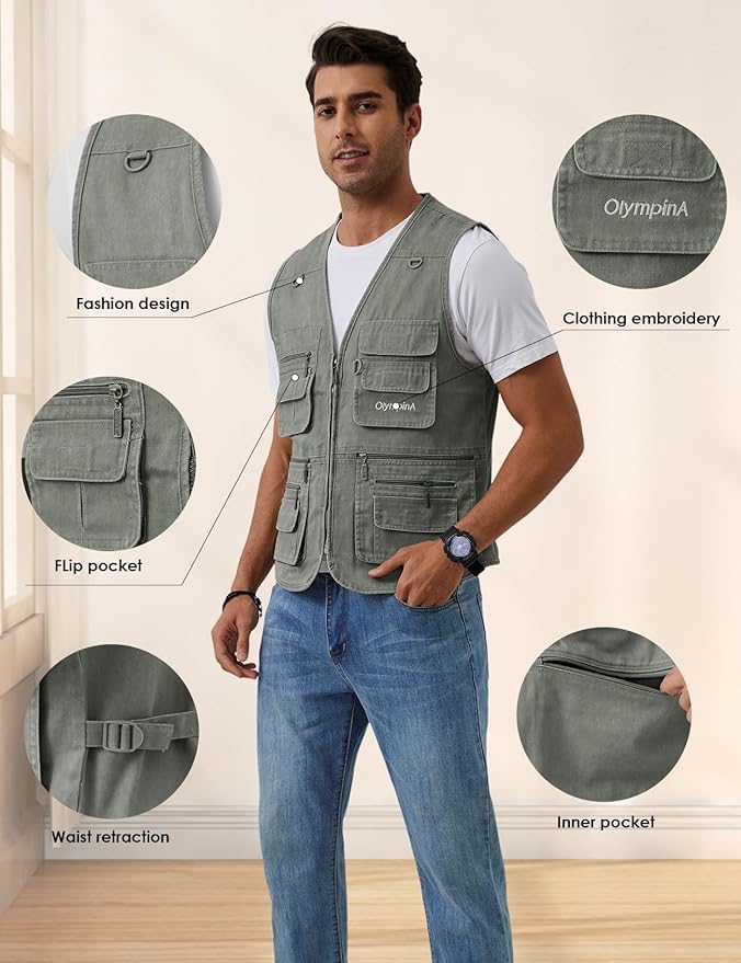 Gihuo Men's Fishing Vest Casual Utility Travel Safari Cargo Outdoor Work Photo Fly Vest Jacket with Multi Pockets