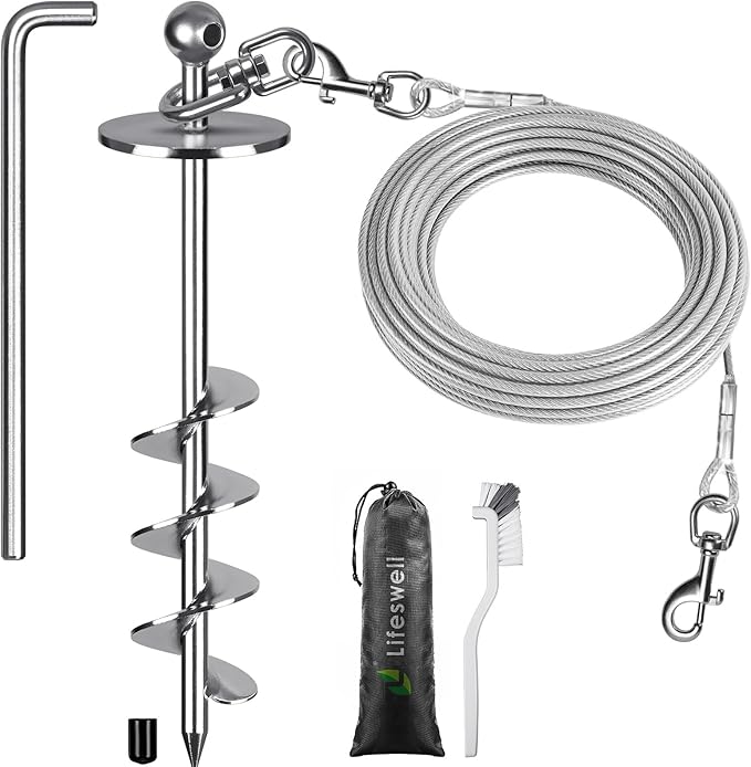 Dog Tie-Out Cable and Stake – 30ft Chew-Proof Stainless Steel Cable, 16-Inch Heavy-Duty Dog Anchor for Dogs Up to 200lbs, No Tangle, Dog Runner for Yard and Camping