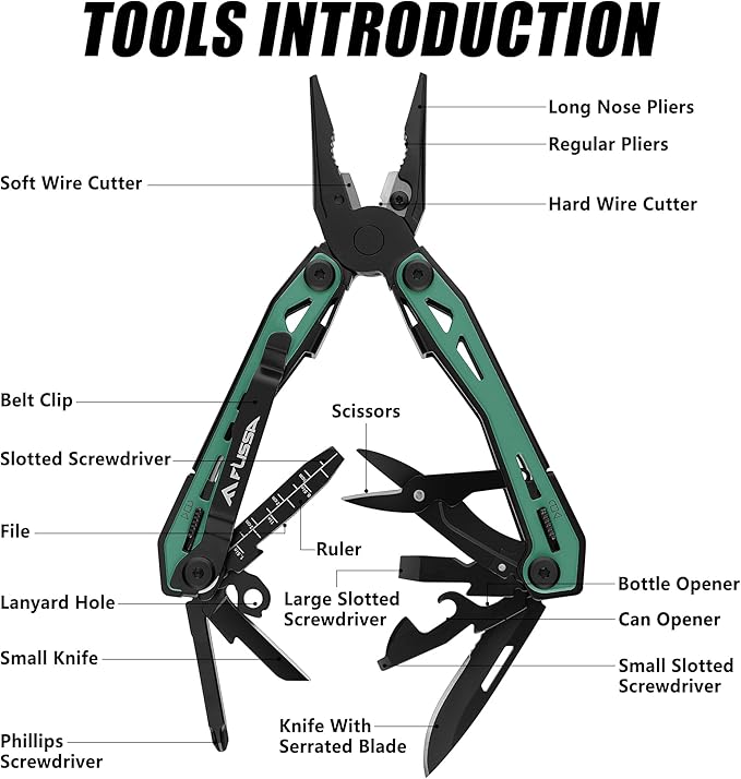 FLISSA 16-in-1 Multi Tool Pliers, Gifts for Men, Stainless Steel EDC Multitool with Pocket Knife, Belt Clip and Oxford Pouch, Self-locking Multipurpose Utility Multi-Tool for Camping Survival Outdoor