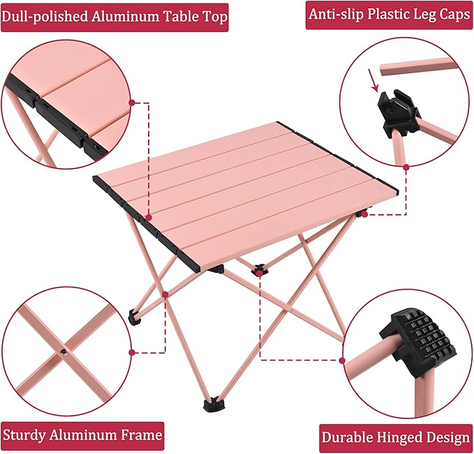 Grope Portable Camping Table with Aluminum Table Top, Folding Beach Table Easy to Carry, Prefect for Outdoor, Picnic, BBQ, Cooking, Festival, Beach, Home (Pink-L)