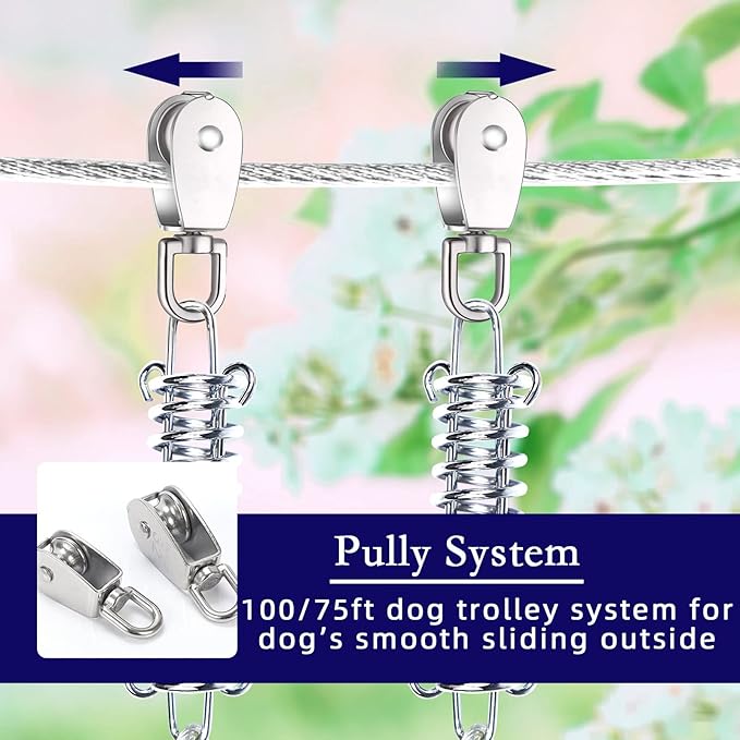Snagle Paw Dog Tie Out Runner for Yard,Trolley System for Large Dogs, Dog Zipline Aerial Tie Out Cable 75ft with 10ft Pulley Runner Line for Dogs Up to 250lbs for Yard or Camping
