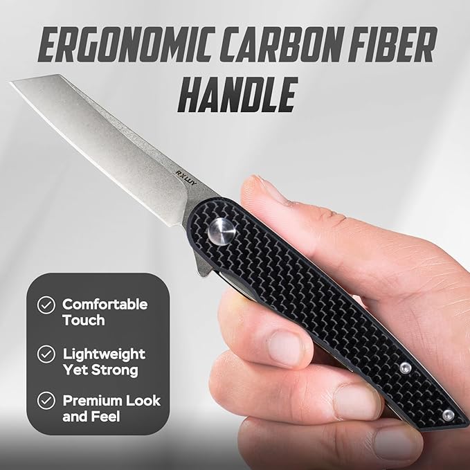 Folding Pocket Knife with Leather Sheath, 2.79” 14C28N Steel Blade Carbon Fibre Handle Flipper Liner Lock Small EDC Folding Knife, Sharp Camping Outdoor Survival Knives for Men Women (Black)