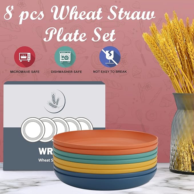 Wheat Straw Plates - 10 Inch Unbreakable Dinner Plates Set of 8 - Dishwasher & Microwave Safe Plastic Plates Reusable - Lightweight Plates for kitchen,camping (Colorful Series)