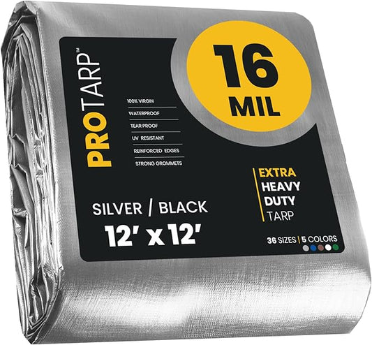 PROTARP Extra Heavy Duty 16 Mil Tarp Cover, Waterproof, UV Resistant, Rip and Tear Proof, Poly Tarpaulin with Reinforced Edges for Roof, Camping, Patio, Pool, Boat. (Silver/Black 12′ X 12′)