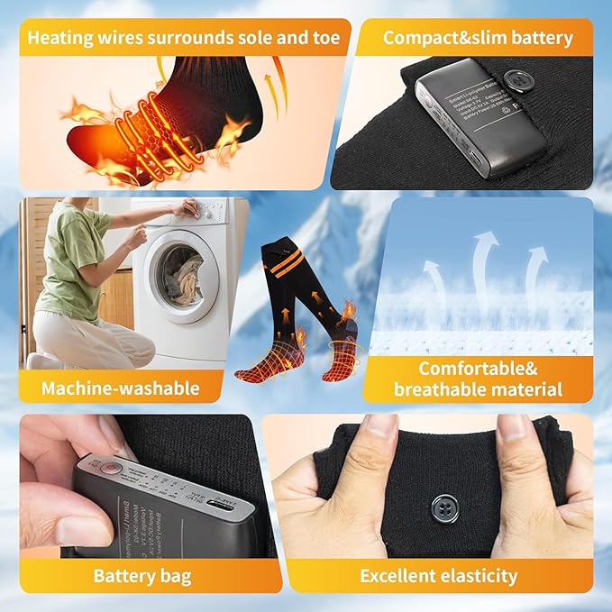 Electric Heated Socks for Men & Women - 6000mAh Rechargeable, Up to70 °C Large Heating Area, 8H Heat, Washable for Skiing, Hunting, Camping