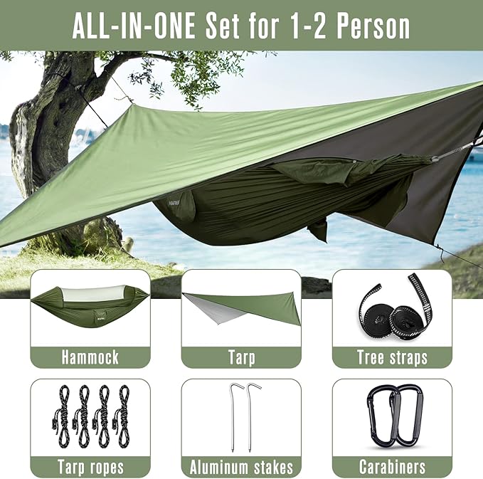 G4Free Large Camping Hammock with Mosquito Net and Rain Fly- 2 Person Portable Hammock with Bug Net and Tent Tarp for Outdoor Hiking Camping Backpacking Travel