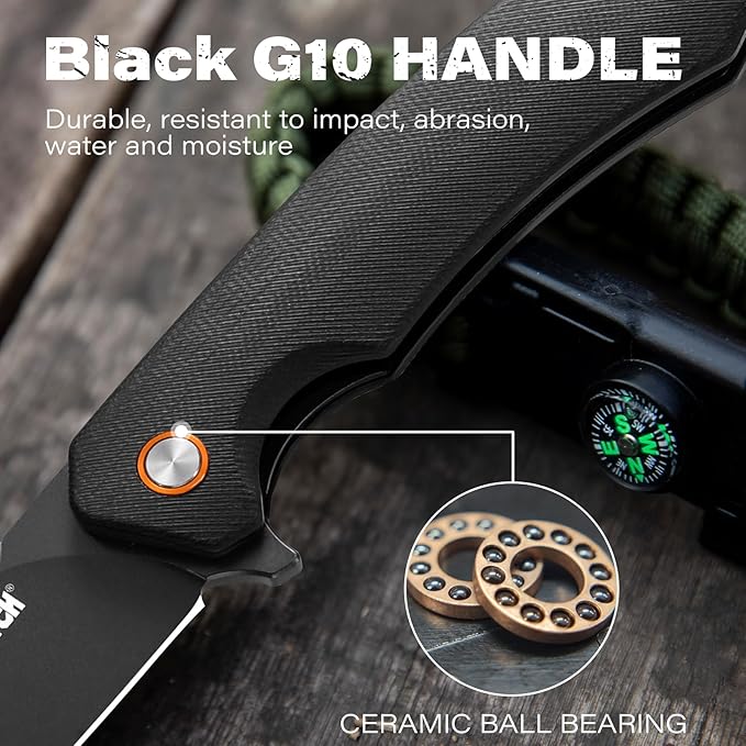 Dispatch Black Pocket Knife with Clip, 3.29" D2 Steel Drop Point Blade and G10 Handle EDC Knife-Front Flipper Pocket Knife for Men Women,Sharp Hiking Hunting Survival Camping Folding Knives.