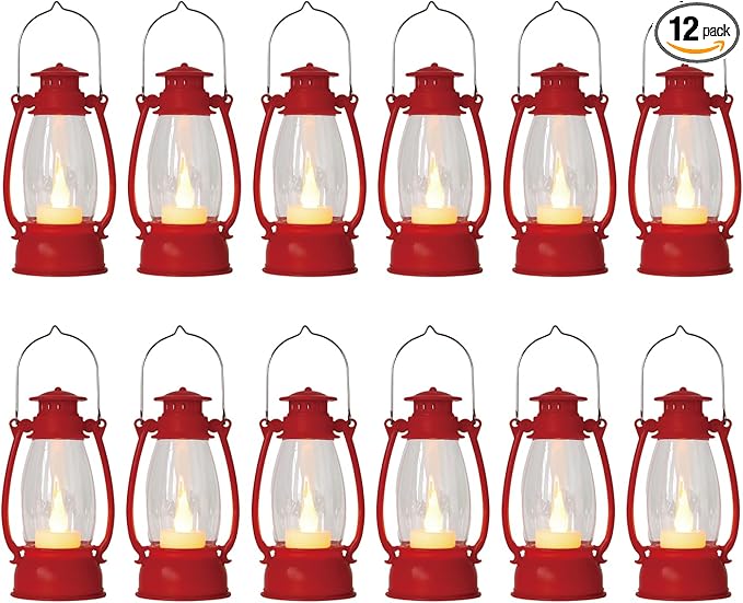12Pcs Red Mini Lanterns for Centerpiece – Vintage Lantern Decor for Christmas, Halloween, Weddings & Western Party – Hanging Ornaments Bulk with Flicker LED Candle for Cowgirl, Camping Decor