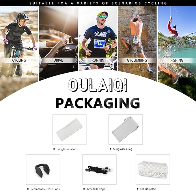 OULAIQI Cycling Sunglasses Polarized Sunglasses for Cycling Men Women with 1 Lens or 3 Interchangeable Lens Baseball Glasses