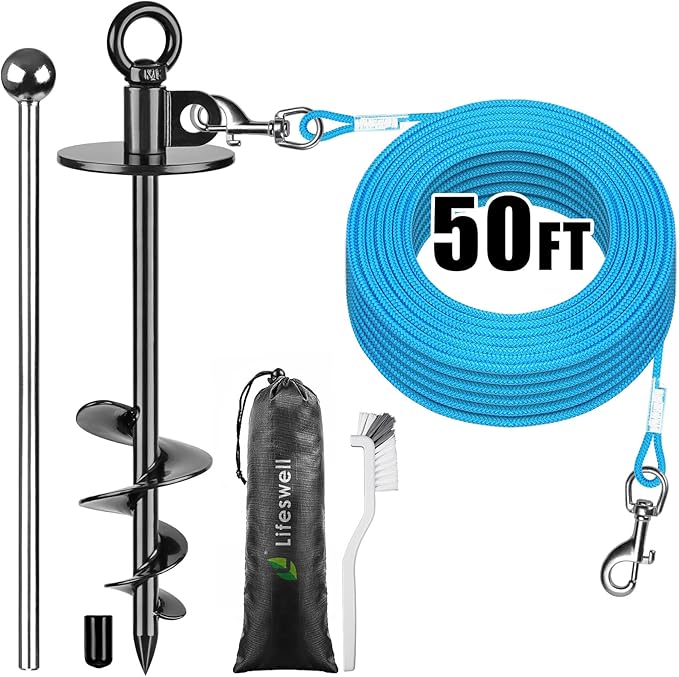 Dog Tie Out Cable and Stake, 50ft Dog Lead, 15" Heavy Duty Dog Anchor for Dogs Up to 125lbs, No Tangle, Dog Runner for Yard and Camping
