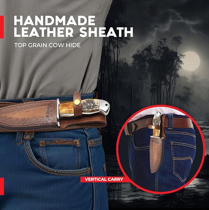 10.5" Handmade Damascus Steel Fixed Blade Bowie Hunting Knife with Leather Sheath -Bushcraft knife-Ideal For EDC,Camping Skinning,Outdoor-Best Hunting Knives For Men.Ram Horn,Turqouise Stone & Camel Bone Handle.