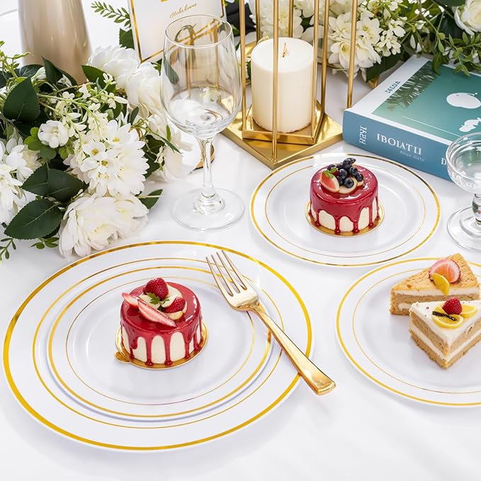 350 Pieces White and Gold Plastic Plates - 50 Guest Thanksgiving Dinnerware Set Include 100 Plates, 50 Plastic Silverware, 50 Napkins and 50 Cups for Thanksgiving