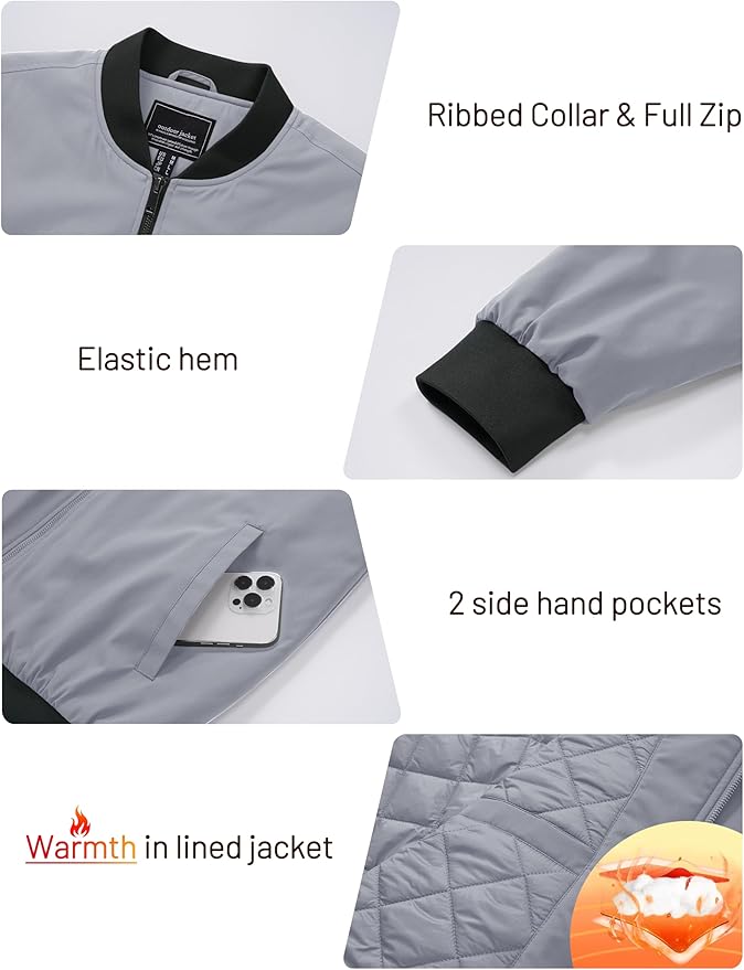 Cotrasen Men's Bomber Jacket Full Zip Windbreaker Warm Winter Windproof Casual Outwear Padded Lined Coats