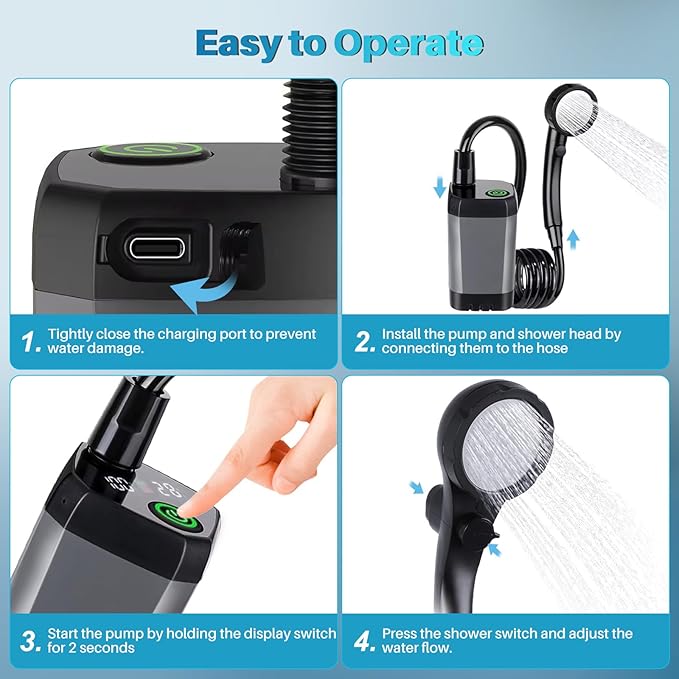 Portable Camping Shower with Heater, 6000mAh Rechargeable Portable Shower with 2000W Immersion Heater, LED Display, Heated Camping Shower for Travel, Hiking, Car, Pet