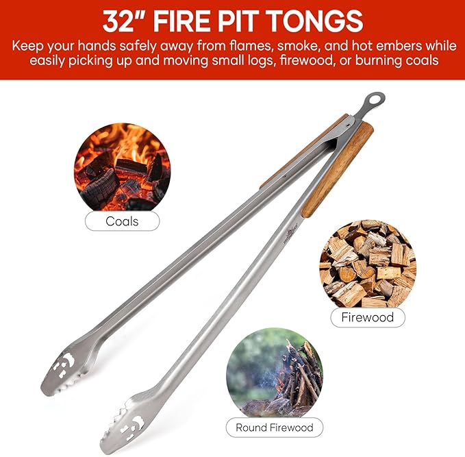Fire Pit Tongs 32-inch Super Long for Loading Wood,BBQ with Extended Luxurious Acacia Handle for Fire Pits, Fire Rings,Campfires, and Fireplaces, Outdoor or Indoor 