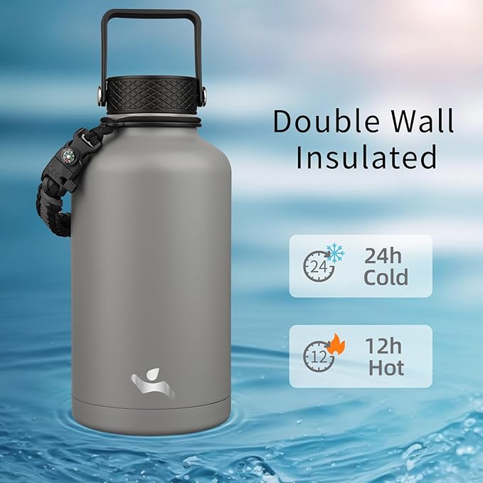 Half Gallon Insulated Water Bottle with Straw,64 oz 3 Lids Water Jug with Carrying Bag,Paracord Handle, Double Wall Vacuum Stainless Steel Metal Flask,Sky