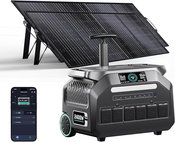 IEE P2400 Solar Powered Generator with 2x200W Solar Panel,2400W AC Outlet(Peak 5000W) 2048WH Lifepo4 Battery,1800W 1.2H Fast Charge Below 30DB 5-8MS EPS Switch Solar Power Station for Home Backup,RV.