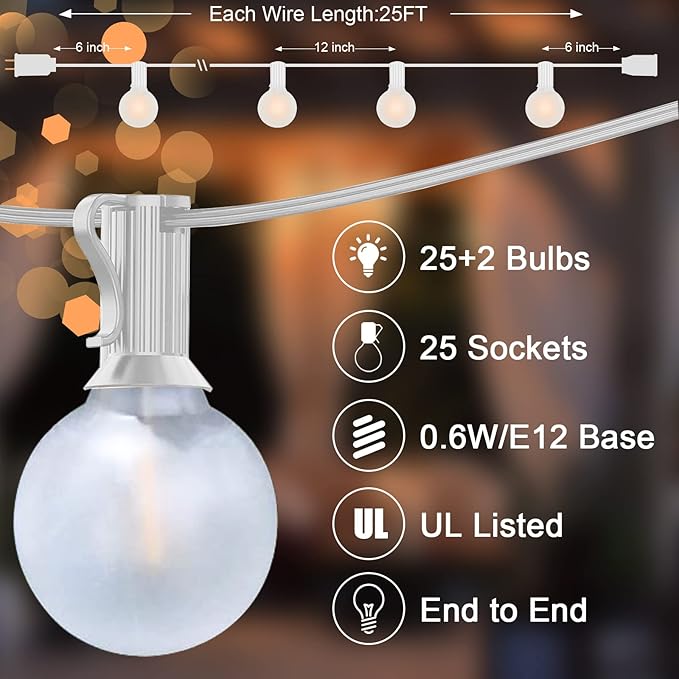 Abeja G40 LED Globe String Lights, 25Ft Outdoor Frosted Patio Lights with 27 Shatterproof Bulbs(2 Spare), Hanging LED String Lights for Outside Backyard Porch Umbrella Bistro Decor, White Wire