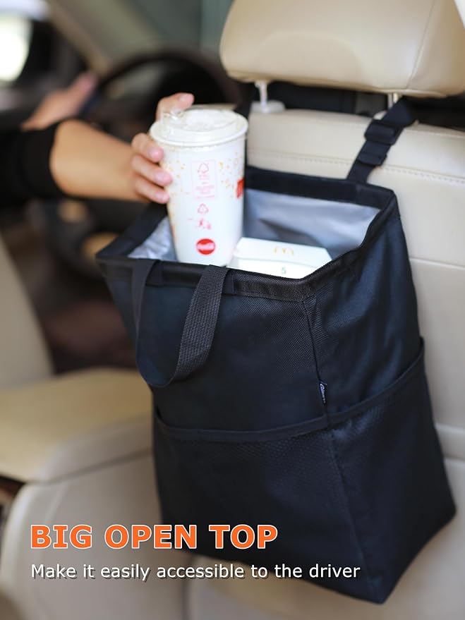 Ginsco New Leak-Proof Travel Car Trash Bag, 3.5 Gallons Large Capacity Hanging Car Trash Can with Hook and Loop Lid and Handle, Multipurpose Trash Bin with Storage Pockets for SUV RV Camping (Black)