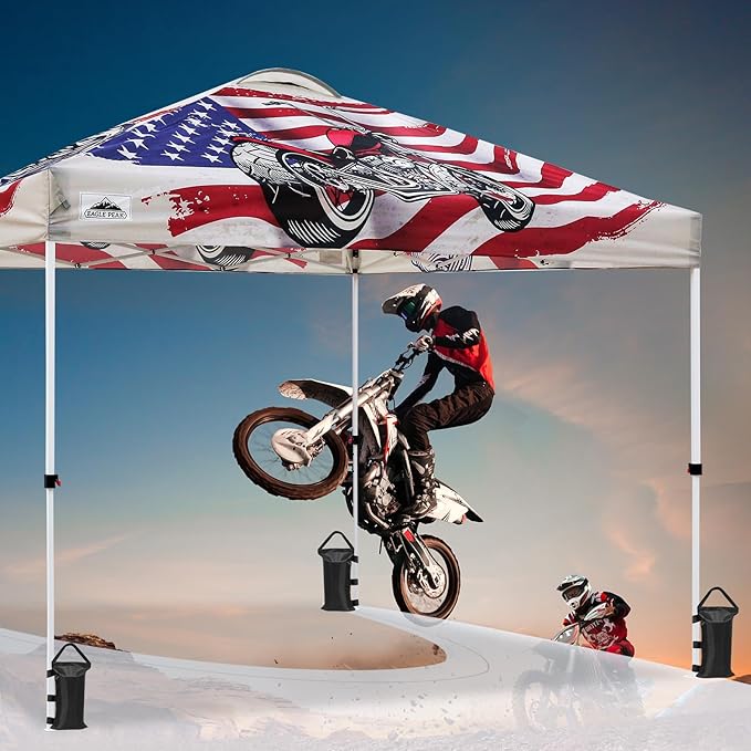 EAGLE PEAK Pop Up Canopy Tent with Wheeled Carry Bag, 8 Stakes, 4 Ropes, 4 Weight Bags, Easy Set Up Tent Canopy, 10x10 ft, 100sqft of Shade, Motorcycle Skull