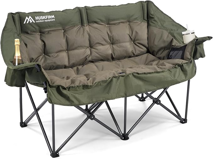 Double Camping Chairs Padded Loveseat Chair for 2 Person - Heavy Duty Oversized Camping Couch for Adults Outdoor Lawn Beach - Portable Folding Sofa with Cup Holders and Carry Bag, Green