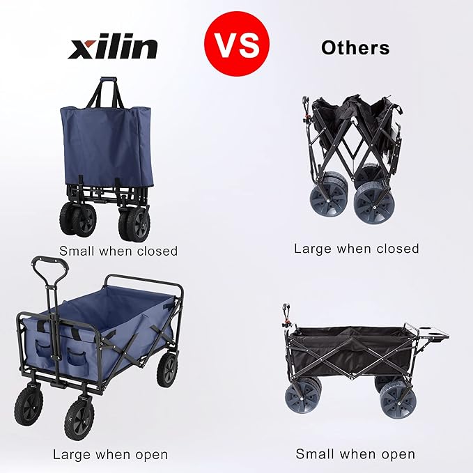 220 lbs Capaticy Folding Wagon, Utility Garden Cart Collapsible with Universal Wheels Adjustable Handle, Blue