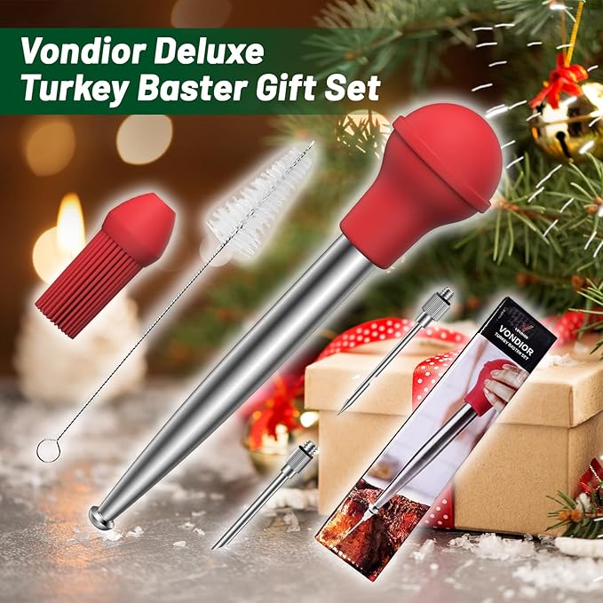 Vondior Turkey Baster for Cooking, Food Grade Stainless Steel Turkey Baster Syringe with Barbecue Basting Brush and 2 Marinade Injector Needles and Cleaning Brush, Red