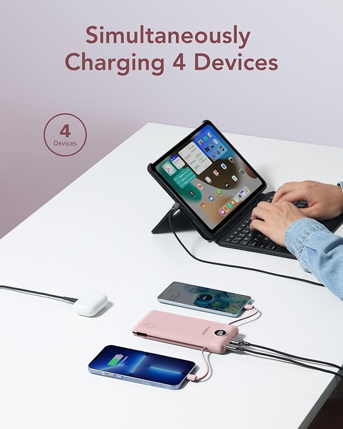 VEGER Portable Charger for iPhone with Built in Cables and Wall Plug, 10000mah Slim Fast Charging USB C Power Bank, Travel Essential Battery Pack Compatible with iPhone, iPad, Samsung etc(Crepe)