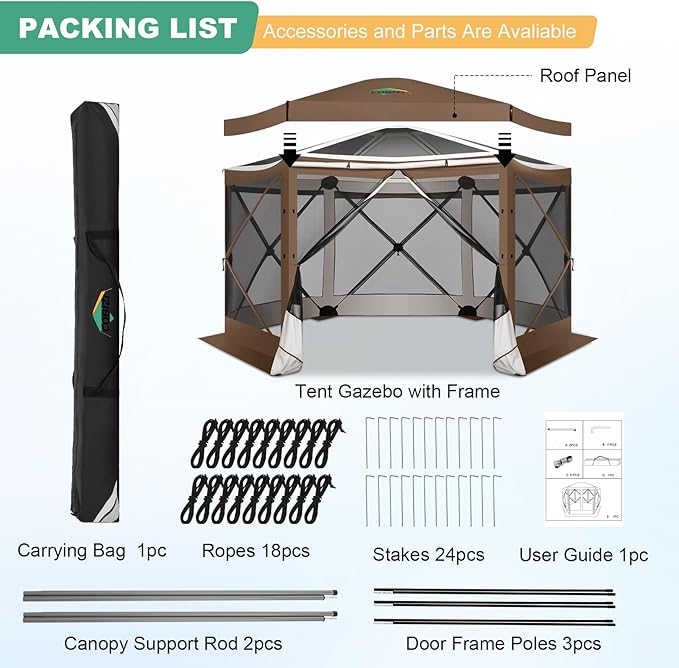 COBIZI 12x12 Pop up Gazebo Screen House Tent for Camping, Outdoor Canopy with Removable Roof&Mosquito Netting, Portable Hub with Carrying Bag and Ground Stakes, Brown