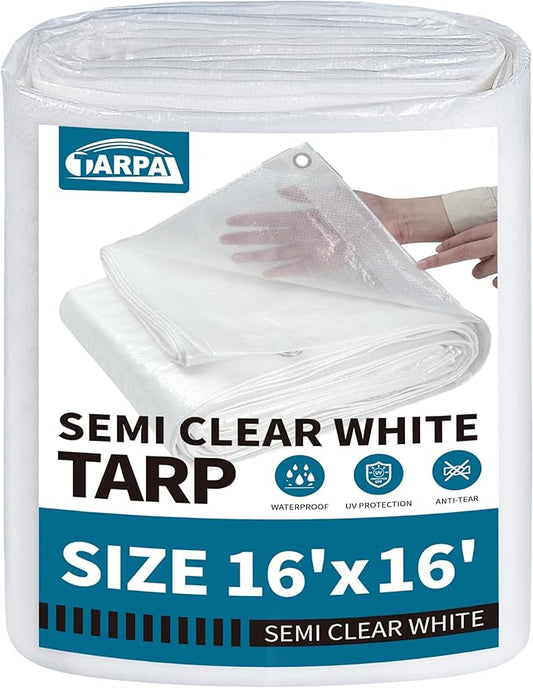 TARPAL 16'x16' Semi Clear White Tarp Waterproof Green House Cover with Grommets 7.5mil Clear Poly tarps for Gardening,Farm, Garden,Chicken Coops,Outdoor