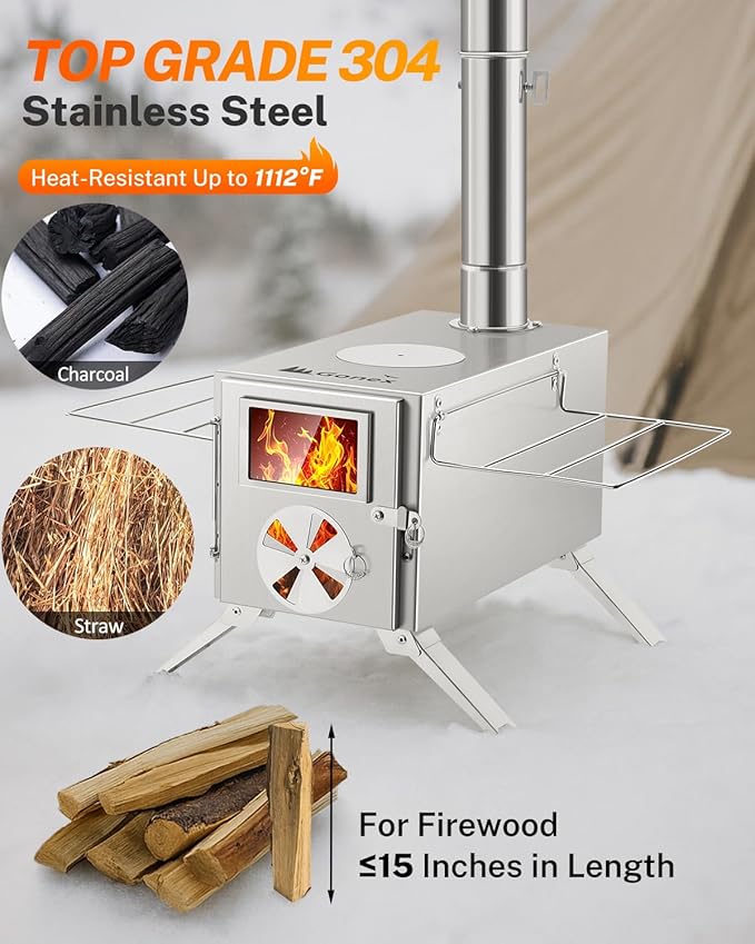 Gonex Portable Wood Stove Stainless Steel Wood Burning Hot Tent Camping Stove with Chimney Pipes & Gloves for Outdoor, Tent, Shelter, Heating, Cooking (15"X7.7")