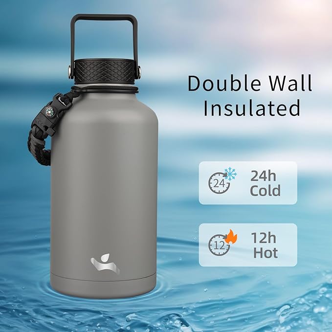 Half Gallon Insulated Water Bottle with Straw,64 oz 3 Lids Water Jug with Carrying Bag,Paracord Handle,Double Wall Vacuum Stainless Steel Metal Flask,Gray