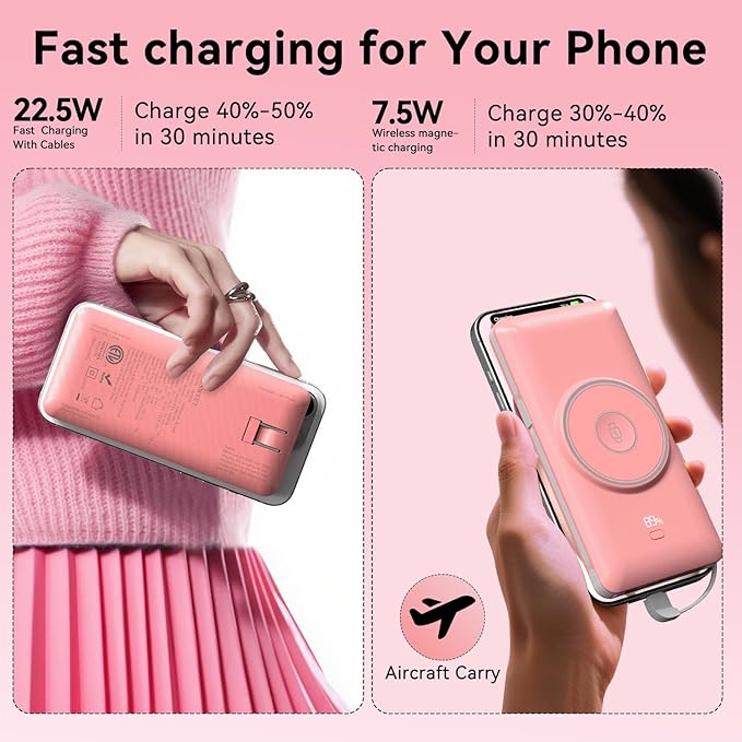 Magnetic 10000mAh Portable Charger for iWatch & iPhone, 22.5W USB C Fast Charging Wireless Power Bank Built-in Cables and Wall Plug, External Travel Battery Pack Compatible with iOS Android Devices