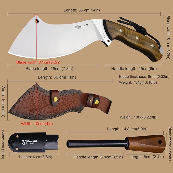 BA-KOR USA (Savior III) 8mmDC53 steel 35CM (14 ") full Tang fixed knife with leather sheath and (5.9 ") ceria ignition head, suitable for outdoor hunting, camping, clearing, adventure, fishing, EDC, BBQ (BA-K0d(8mm))