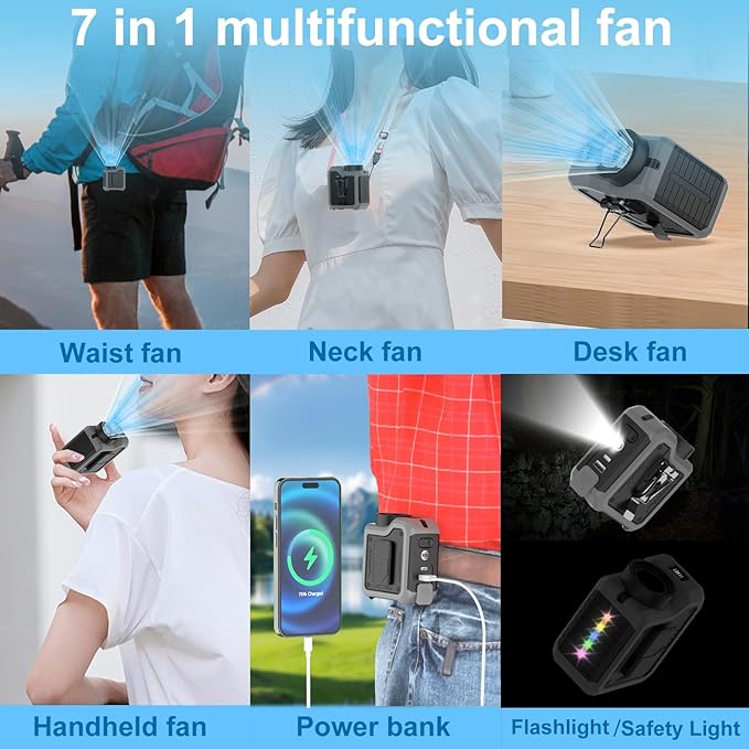 7-in-1 Multi-Use Portable Fan Hands Free Flashlight Etc,Christmas Gifts for Men Women,Turbo Powerful Cooling Personal Fan,10000mAh,24H Lasting,LED Display,Outdoor Travel Camping Fitness (Dark grey)
