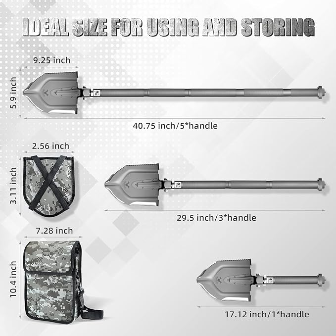 Zune Lotoo Survival Shovel Military Grade High Carbon Steel, 18 in 1 Multifunctional Folding Tactical Shovel Camping Gear for Men Outdoor Hiking Backpacking Off-Road Spade Emergency